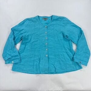 FLAX Womens Blouse Size S Blue Linen Button Up Pleated Lagenlook Top Long Sleeve